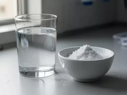 Ein Glas Wasser und eine Schale mit weißem kristallinem Pulver auf einem Labortisch. - Foto: über boerse-global.de