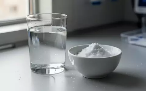 Ein Glas Wasser und eine Schale mit weißem kristallinem Pulver auf einem Labortisch. - Foto: über boerse-global.de