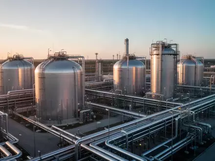 Moderne Erdgasanlage mit großen Speichertanks und Rohrsystemen im Licht der Morgendämmerung. - Foto: über boerse-global.de