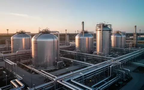 Moderne Erdgasanlage mit großen Speichertanks und Rohrsystemen im Licht der Morgendämmerung. - Foto: über boerse-global.de