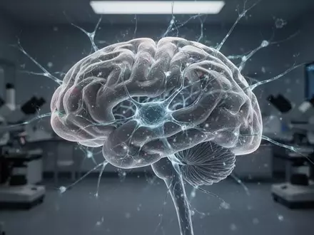 Abstrakte Darstellung neuronaler Gehirnstrukturen in einer dunklen Laborumgebung als Symbol für neurodegenerative Forschung. - Foto: über boerse-global.de