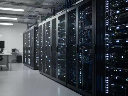 Moderne Server-Infrastruktur in einem klimatisierten Rechenzentrum mit leuchtenden Status-LEDs. - Foto: ĂĽber boerse-global.de