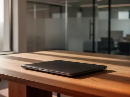 Ein geschlossener Laptop auf einem minimalistischen Schreibtisch in einem modernen, lichtdurchfluteten Büro. - Foto: über boerse-global.de
