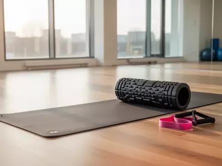 Ein heller Gymnastikraum mit einer Yoga-Matte, einer Faszienrolle und einem Widerstandsband auf einem Holzboden. - Foto: ĂĽber boerse-global.de