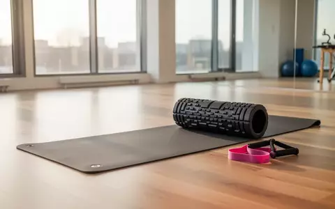 Ein heller Gymnastikraum mit einer Yoga-Matte, einer Faszienrolle und einem Widerstandsband auf einem Holzboden. - Foto: über boerse-global.de