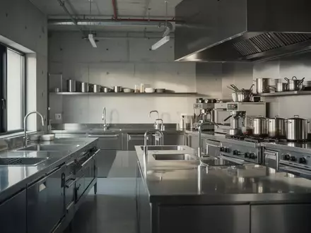 Moderne, minimalistische Edelstahl-Großküche in einer professionellen Systemgastronomie. - Foto: über boerse-global.de