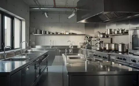 Moderne, minimalistische Edelstahl-Großküche in einer professionellen Systemgastronomie. - Foto: über boerse-global.de