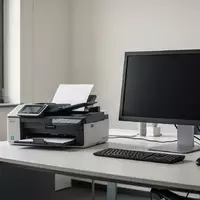 Moderner, minimalistischer Schreibtisch in einer Steuerkanzlei mit Dokumentenscanner und ausgeschaltetem Monitor. - Foto: über boerse-global.de