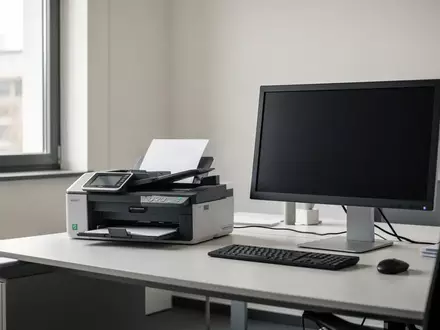 Moderner, minimalistischer Schreibtisch in einer Steuerkanzlei mit Dokumentenscanner und ausgeschaltetem Monitor. - Foto: über boerse-global.de