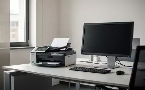 Moderner, minimalistischer Schreibtisch in einer Steuerkanzlei mit Dokumentenscanner und ausgeschaltetem Monitor. - Foto: über boerse-global.de