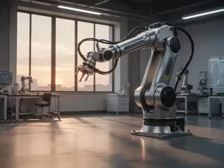 Ein moderner, hochtechnologischer Robotik-Arbeitsplatz mit einem präzisen Industrieroboterarm in einer minimalistischen Umgebung. - Foto: über boerse-global.de