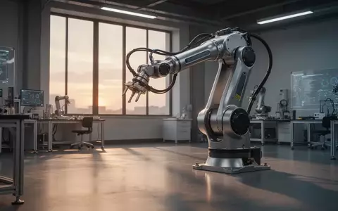 Ein moderner, hochtechnologischer Robotik-Arbeitsplatz mit einem präzisen Industrieroboterarm in einer minimalistischen Umgebung. - Foto: über boerse-global.de