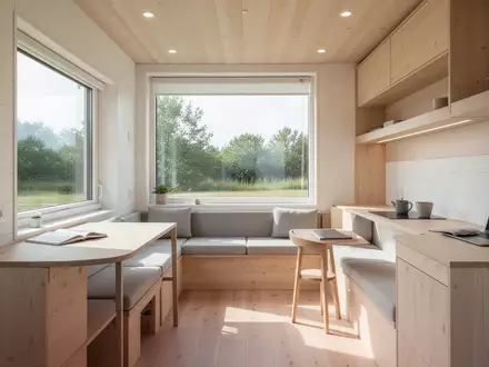 Ein minimalistisch eingerichteter, heller Tiny-House-Innenraum mit funktionalen Möbeln und hellem Holz bei natürlichem Licht. - Foto: über boerse-global.de