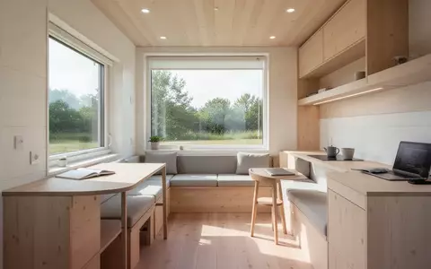 Ein minimalistisch eingerichteter, heller Tiny-House-Innenraum mit funktionalen Möbeln und hellem Holz bei natürlichem Licht. - Foto: über boerse-global.de