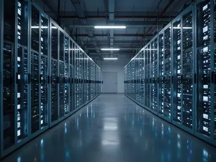 Moderne Serverräume eines Rechenzentrums in Shanghai mit blau leuchtenden Rack-Systemen in einer industriellen Umgebung. - Foto: über boerse-global.de