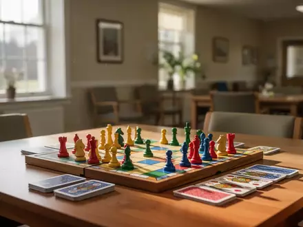 Ein hölzerner Tisch in einem hellen Gemeinschaftsraum mit einem bereitgelegten Brettspiel und Spielkarten. - Foto: über boerse-global.de