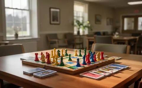 Ein hölzerner Tisch in einem hellen Gemeinschaftsraum mit einem bereitgelegten Brettspiel und Spielkarten. - Foto: über boerse-global.de