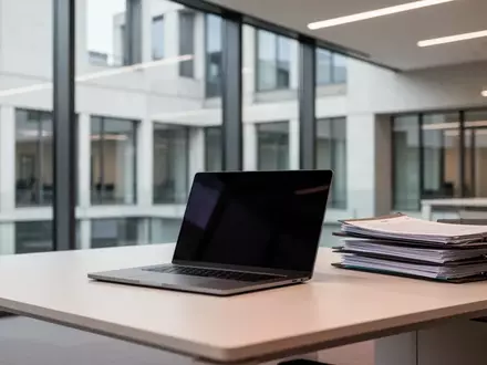 Ein moderner, aufgeräumter Schreibtisch in einem Verwaltungsgebäude mit einem ausgeschalteten Laptop und Aktenordnern. - Foto: über boerse-global.de