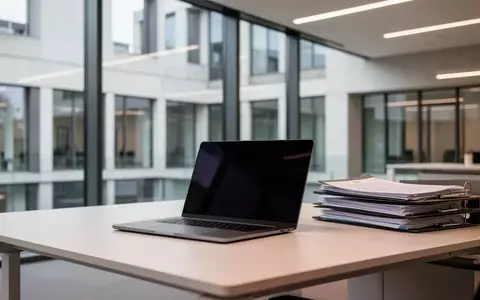 Ein moderner, aufgeräumter Schreibtisch in einem Verwaltungsgebäude mit einem ausgeschalteten Laptop und Aktenordnern. - Foto: über boerse-global.de