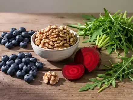 Frisches Obst und Gemüse wie Blaubeeren, Walnüsse, Rote Bete und Rucola auf einem Holztisch bei natürlichem Licht. - Foto: über boerse-global.de
