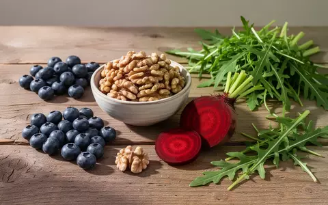 Frisches Obst und Gemüse wie Blaubeeren, Walnüsse, Rote Bete und Rucola auf einem Holztisch bei natürlichem Licht. - Foto: über boerse-global.de