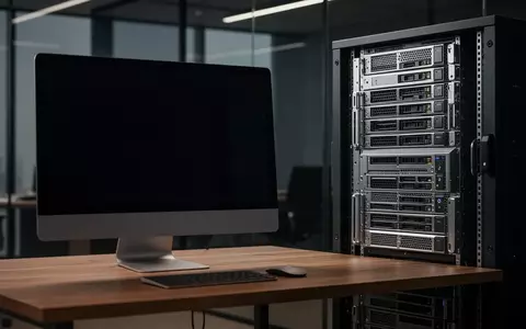 Ein dunkler, moderner Arbeitsplatz mit einem ausgeschalteten Monitor und Server-Hardware in einem Büro. - Foto: über boerse-global.de