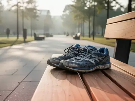 Ein Paar getragene Laufschuhe auf einer Holzbank in einem sonnendurchfluteten Park. - Foto: über boerse-global.de