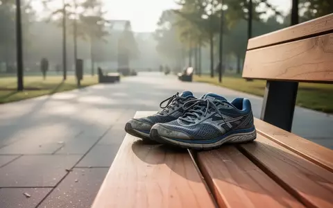 Ein Paar getragene Laufschuhe auf einer Holzbank in einem sonnendurchfluteten Park. - Foto: über boerse-global.de