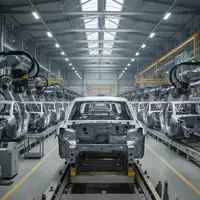 Moderne, menschenleere Montagehalle eines Volkswagen-Werks mit Industrierobotern und Produktionsanlagen. - Foto: über boerse-global.de