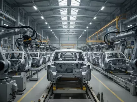 Moderne, menschenleere Montagehalle eines Volkswagen-Werks mit Industrierobotern und Produktionsanlagen. - Foto: über boerse-global.de