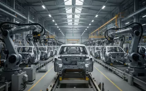 Moderne, menschenleere Montagehalle eines Volkswagen-Werks mit Industrierobotern und Produktionsanlagen. - Foto: über boerse-global.de