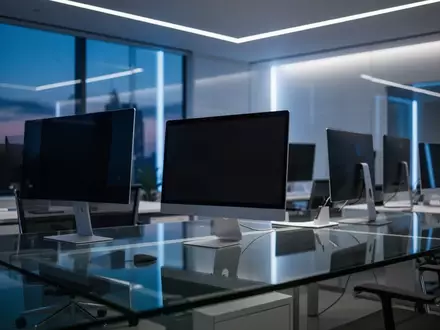 Moderne Büroarbeitsplätze bei Dämmerung mit dunklen Bildschirmen und dezenter Beleuchtung. - Foto: über boerse-global.de