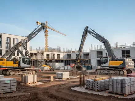 Baustelle der BVB-Gesundheitswelt in Dortmund-Brackel mit Baumaterialien und Baumaschinen bei Tageslicht. - Foto: über boerse-global.de