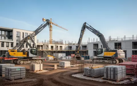 Baustelle der BVB-Gesundheitswelt in Dortmund-Brackel mit Baumaterialien und Baumaschinen bei Tageslicht. - Foto: über boerse-global.de