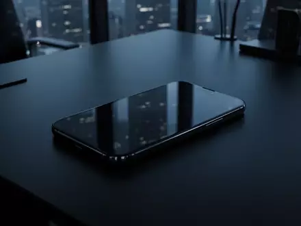Ein modernes Smartphone liegt auf einem dunklen Büroschreibtisch in einem abgedunkelten Raum. - Foto: über boerse-global.de