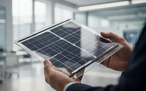 Ein modernes, transparentes Dünnschicht-Solarmodul in einer professionellen Arbeitsumgebung bei Tageslicht. - Foto: über boerse-global.de