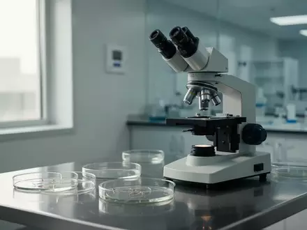 Ein medizinisches Mikroskop und Laborutensilien auf einer Edelstahloberfläche in einem hellen, modernen Forschungslabor. - Foto: über boerse-global.de