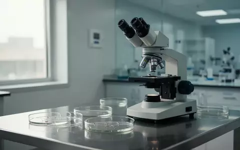 Ein medizinisches Mikroskop und Laborutensilien auf einer Edelstahloberfläche in einem hellen, modernen Forschungslabor. - Foto: über boerse-global.de
