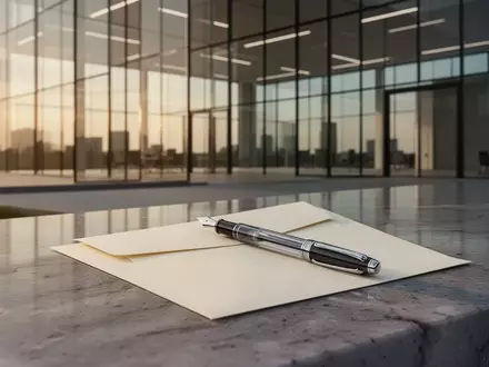 Ein minimalistischer Schreibtisch mit einem Füllfederhalter auf einem leeren Umschlag vor einem modernen Bürogebäude. - Foto: über boerse-global.de