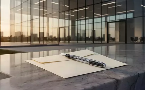 Ein minimalistischer Schreibtisch mit einem Füllfederhalter auf einem leeren Umschlag vor einem modernen Bürogebäude. - Foto: über boerse-global.de