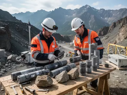 Geotechniker bei der Untersuchung von Gesteinsproben in einem geologischen Explorationsgebiet. - Foto: über boerse-global.de