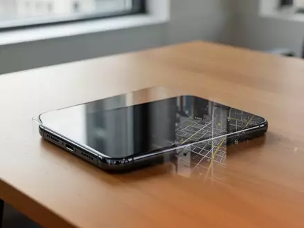 Ein Smartphone mit schwarzem Display liegt auf einem Holztisch in einem hellen, minimalistischen Büro. - Foto: über boerse-global.de