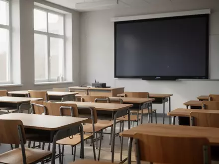 Ein leerer Klassenraum mit Holztischen und Stühlen bei natürlichem Licht, im Hintergrund ein ausgeschalteter Projektor. - Foto: über boerse-global.de