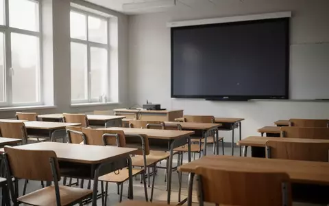 Ein leerer Klassenraum mit Holztischen und Stühlen bei natürlichem Licht, im Hintergrund ein ausgeschalteter Projektor. - Foto: über boerse-global.de