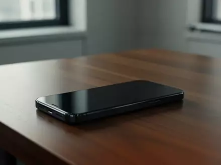 Ein dunkles Smartphone liegt auf einem hölzernen Schreibtisch vor einem verschwommenen Büro-Hintergrund. - Foto: über boerse-global.de