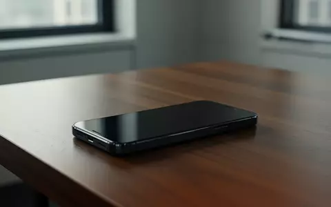 Ein dunkles Smartphone liegt auf einem hölzernen Schreibtisch vor einem verschwommenen Büro-Hintergrund. - Foto: über boerse-global.de