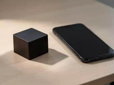 Ein kleiner, schwarzer Plastikblock liegt neben einem modernen Smartphone mit ausgeschaltetem Bildschirm auf einem Holztisch. - Foto: über boerse-global.de