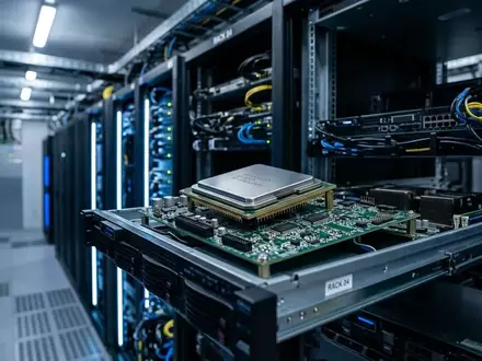 Ein moderner, hochspezialisierter KI-Chip auf einer Leiterplatte in einem professionellen Rechenzentrum. - Foto: über boerse-global.de