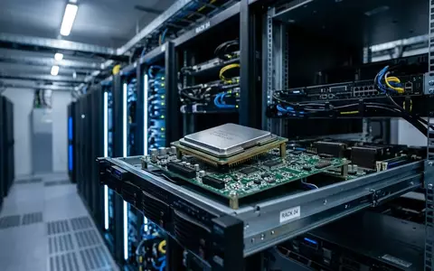 Ein moderner, hochspezialisierter KI-Chip auf einer Leiterplatte in einem professionellen Rechenzentrum. - Foto: über boerse-global.de