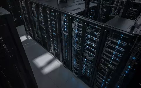 Dunkler Serverraum mit Reihen von Server-Racks und blauen Status-LEDs in einer professionellen Rechenzentrumsumgebung. - Foto: über boerse-global.de